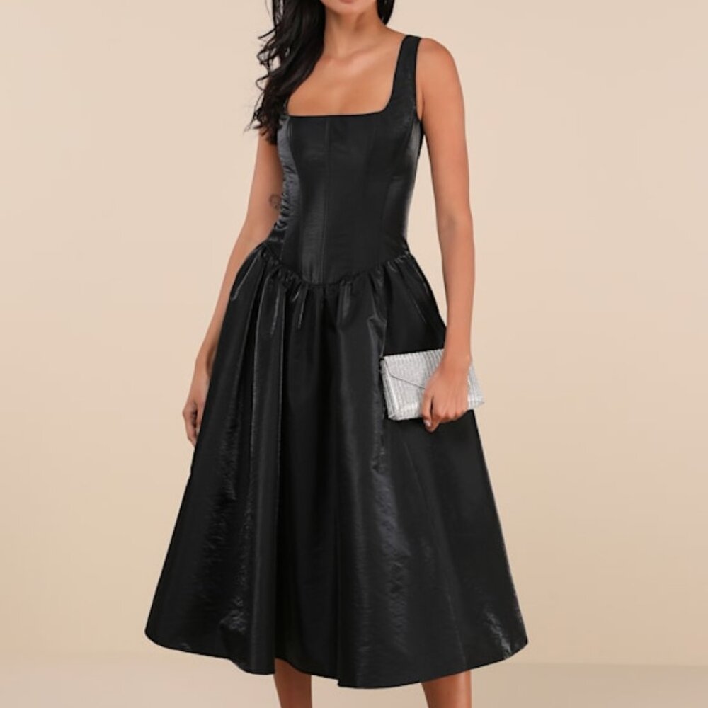 Lulus Sensationally Impressive Black Shiny Taffeta Lace-up Midi Dress - Size M